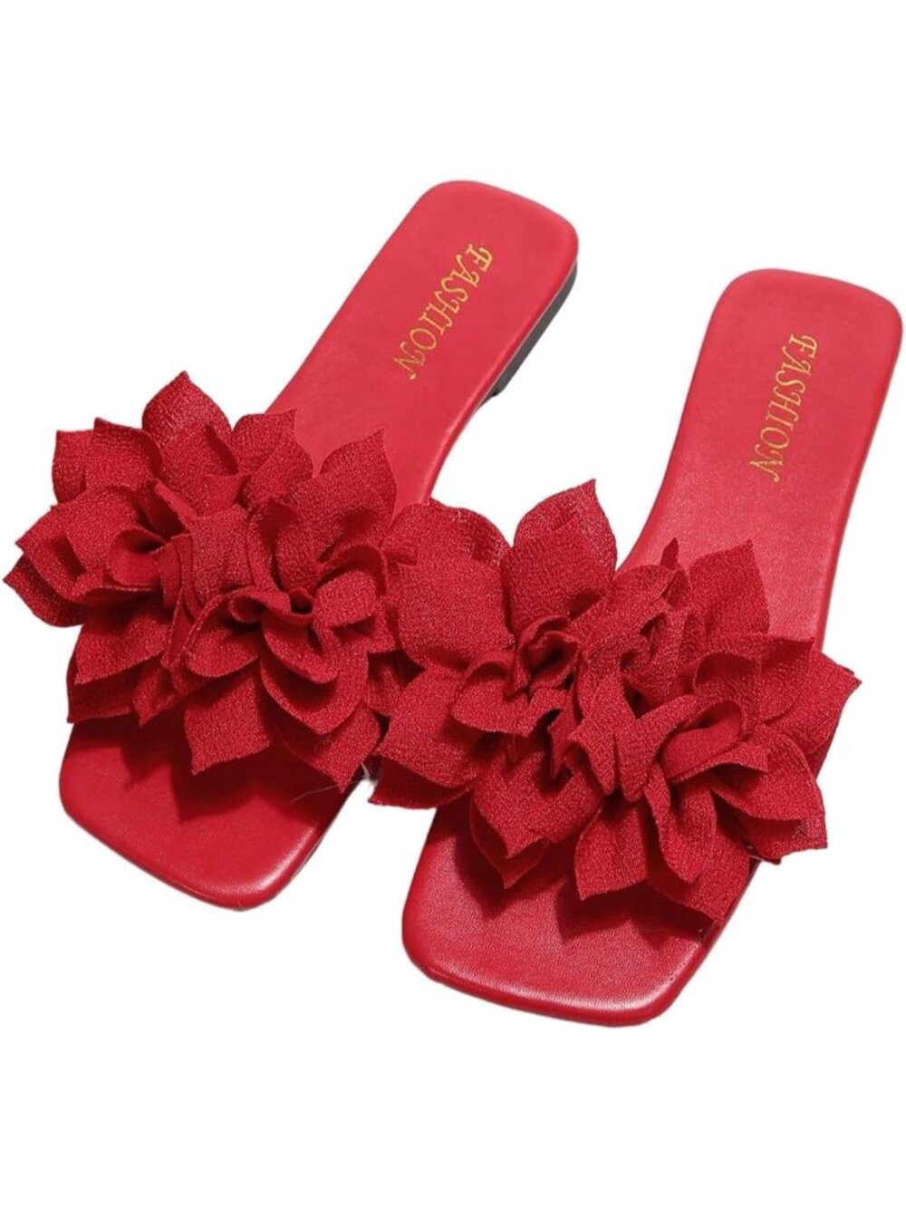 Women's Red 3D Floral Square Open Toe Single Band Casual Slip on Flats Slides